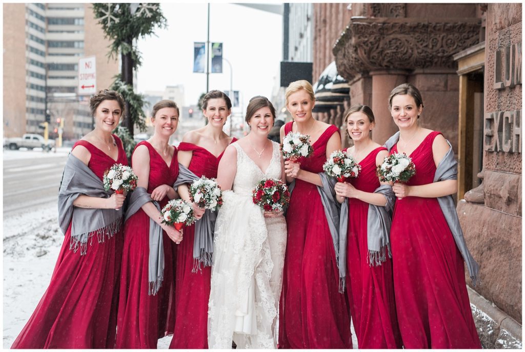 Winter Minneapolis Red and Grey Lumber Exchange Wedding by Karen Feder Photography
