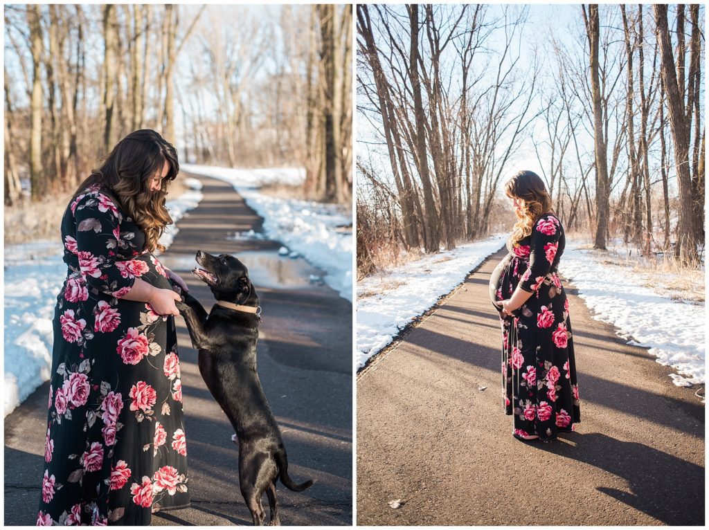 Snow maternity session with dog by Karen Feder Photography www.karenfederphotography.com